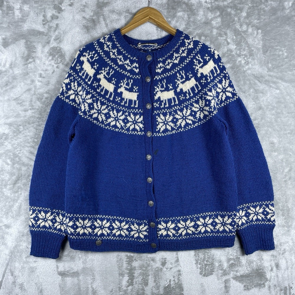 Vintage 40s 50s Fair Isle 100% Wool Sweater Mens Medium Metal Button Blue Norway